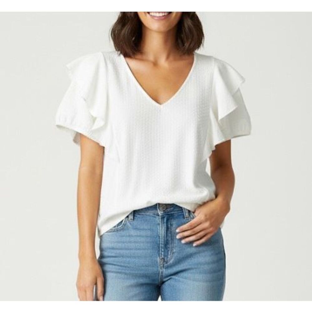Anthropologie Women’s Top size M White Short Ruffle Sleeve V neck Cotton Blend